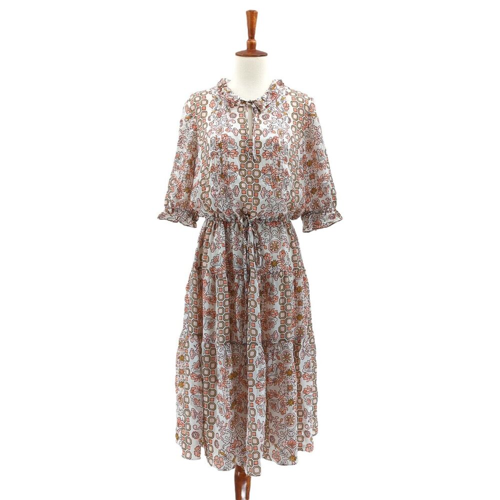 Tory Burch Women 2 Serena Dress White Orange Silk Midi Tired Floral Hicks Garden